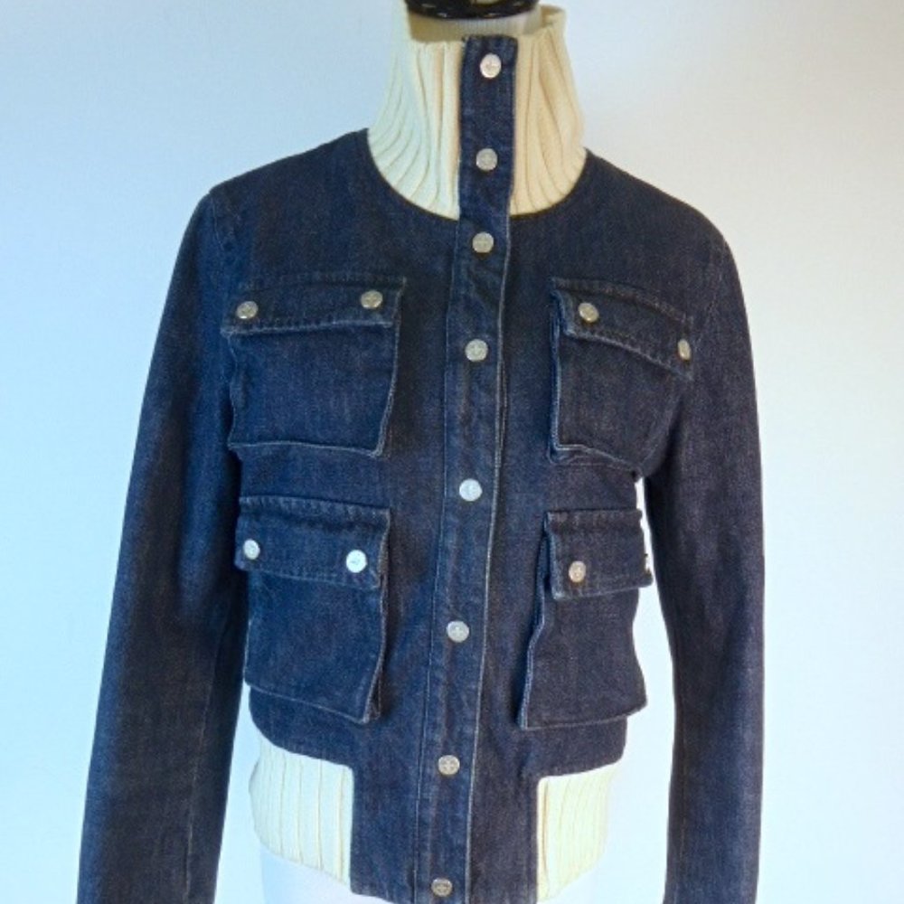 CASTELBEJAC Italy high neck or collared BLUE snap DENIM JACKET i44 L vintage - Picture 2 of 6